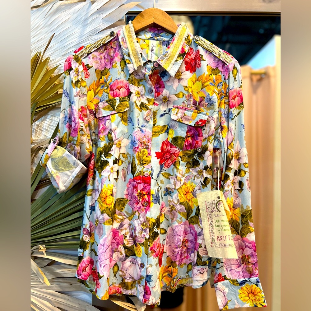 Aratta Floral Button-Up Blouse in Light Blue, Pink, Yellow, Green